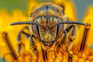 ai generato macro dettaglio di ape su fiore stame foto