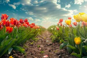 ai generato tulipano i campi con nuvoloso blu cielo foto