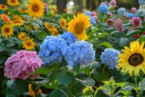 ai generato vivace estate giardino con girasoli e ortensie foto