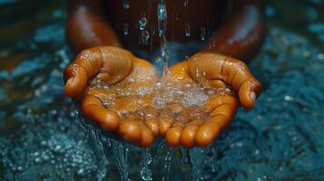 ai generato bambino si estende il suo mani verso un' rubinetto di pulito acqua, il concetto foto