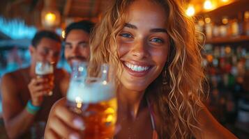 ai generato un' giovane donna e amici crostini e celebrare con loro birre nel un' vivace sbarra. foto