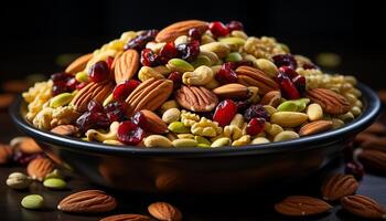 ai generato un' salutare merenda mandorla, anacardi, frutta, noce, pecan, mirtillo generato di ai foto