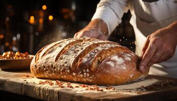 ai generato un' rustico panettiere mano prepara fresco fatti in casa pane generato di ai foto