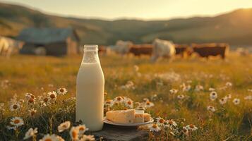 ai generato un' bottiglia di latte, un' bicchiere di latte e un' piatto di formaggio su il tavolo nel davanti di il mucca campo. foto