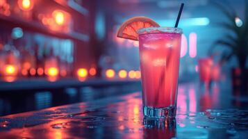 ai generato cocktail su di bicchiere nel neon luci, spazio per testo foto