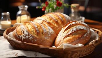 ai generato appena al forno pane nel rustico cestino su di legno tavolo generato di ai foto