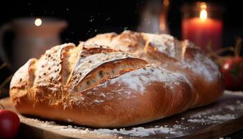 ai generato appena al forno pane su di legno tavolo, fatti in casa e delizioso generato di ai foto