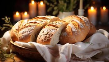 ai generato appena al forno Ciabatta su di legno tavolo, un' buongustaio diletto generato di ai foto