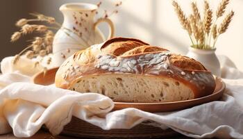 ai generato appena al forno pane su di legno tavolo, un' buongustaio diletto generato di ai foto