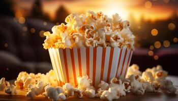 ai generato fresco Popcorn nel giallo scatola, Perfetto merenda per film notte generato di ai foto