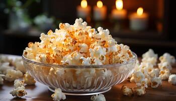 ai generato fresco Popcorn nel un' giallo ciotola, Perfetto film merenda generato di ai foto