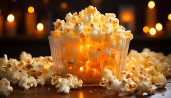 ai generato indulgente film notte Popcorn, caramella, e raggiante lume di candela generato di ai foto