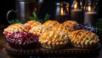 ai generato fatti in casa buongustaio dolce fresco bacca torta su rustico legna generato di ai foto