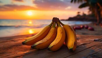 ai generato fresco, maturo Banana su di legno tavolo, un' tropicale estate merenda generato di ai foto