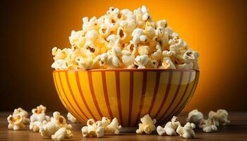 ai generato buongustaio Popcorn nel giallo ciotola, Perfetto film merenda generato di ai foto