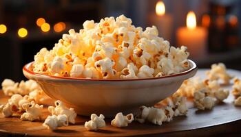 ai generato fresco Popcorn nel un' giallo ciotola, Perfetto film merenda generato di ai foto