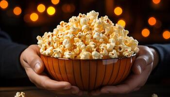 ai generato un' persona Tenere un' ciotola, mangiare fresco Popcorn a il film generato di ai foto