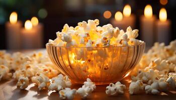 ai generato indulgente film merenda dolce Popcorn nel raggiante lume di candela generato di ai foto
