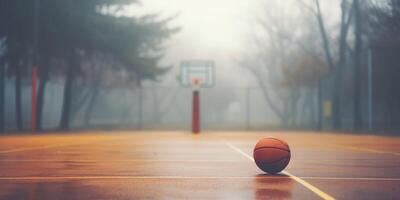 ai generato pallacanestro su all'aperto Tribunale, mattina nebbia. al di fuori terreno di gioco per sport gioco con copia spazio. generativo ai foto