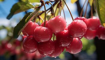 ai generato freschezza di maturo frutta su foglia nel estate all'aperto generato di ai foto