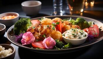 ai generato grigliato carne, fresco insalata, salutare pranzo su di legno piatto generato di ai foto