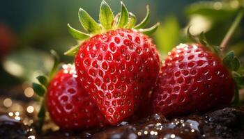 ai generato freschezza di estate succoso, maturo fragola dolce su verde foglia generato di ai foto