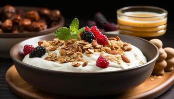 ai generato salutare mangiare fresco frutta, Yogurt, muesli un' buongustaio prima colazione ciotola generato di ai foto