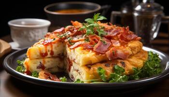 ai generato buongustaio pasto fresco carne, cucinato la verdura, fatti in casa salsa, rustico pane generato di ai foto