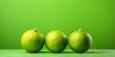 ai generato tre totale Limes su verde superficie con verde sfondo. riga di succoso agrume frutta. generativo ai foto
