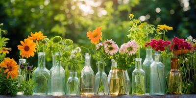 ai generato assortito fiori nel Vintage ▾ bicchiere bottiglie contro illuminata dal sole sfondo. generativo ai foto