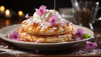 ai generato appena al forno fatti in casa Pancakes con dolce fragola sciroppo e crema generato di ai foto