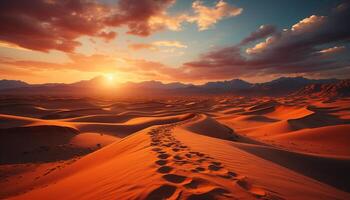 ai generato tramonto al di sopra di il maestoso sabbia dune, un' tranquillo natura selvaggia generato di ai foto