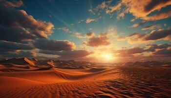 ai generato tramonto al di sopra di il maestoso sabbia dune, un' tranquillo paesaggio generato di ai foto