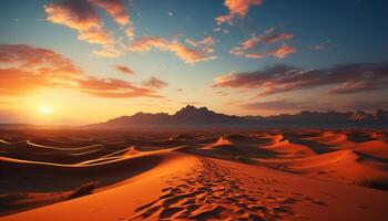 ai generato tramonto al di sopra di il maestoso africano sabbia dune, un' tranquillo bellezza generato di ai foto