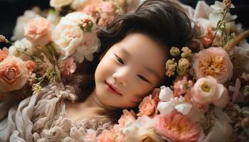 ai generato carino bambino ragazza sorridente, circondato di fiori, puro felicità generato di ai foto