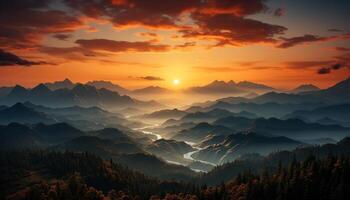 ai generato maestoso montagna picco sagome contro arancia tramonto cielo generato di ai foto