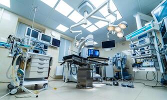 ospedale interno con operativo chirurgia tavolo, lampade e ultra moderno dispositivi, tecnologia nel moderno clinica foto