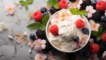 ai generato fresco frutta dolce lampone, mirtillo, fragola, menta foglia, Yogurt generato di ai foto