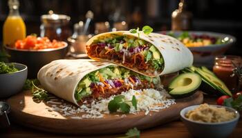 ai generato fatti in casa messicano burrito grigliato manzo, fresco guacamole, speziato salsa generato di ai foto