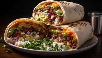 ai generato grigliato Manzo taco su piadina con fresco guacamole generato di ai foto