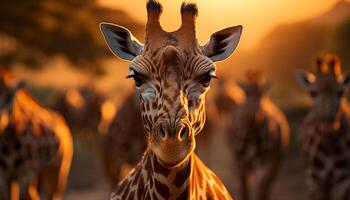 ai generato maestoso giraffa pascolo nel africano savana a tramonto generato di ai foto