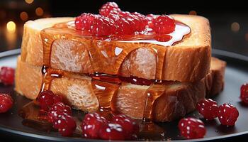 ai generato fatti in casa buongustaio dolce dolce torta, cioccolato, lampone, fresco frutta generato di ai foto