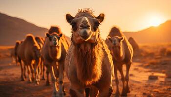 ai generato carino mucca pascolo nel un' rurale prato a tramonto generato di ai foto