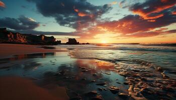 ai generato tramonto al di sopra di il costa, natura bellezza riflessa nel tranquillo acque generato di ai foto