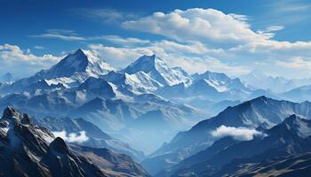 ai generato maestoso montagna picco, blu cielo, tranquillo scena, natura bellezza generato di ai foto