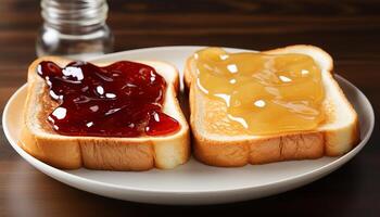 ai generato un' buongustaio pasto fresco pane, dolce conserve, e fruttato dolce generato di ai foto