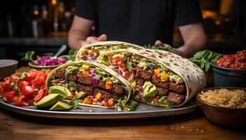 ai generato grigliato Manzo taco con fresco pomodoro e guacamole generato di ai foto