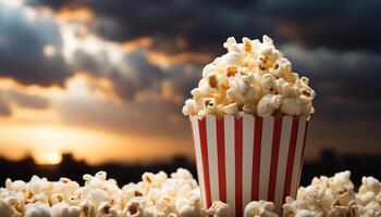 ai generato Guardando un' film con Popcorn e un' rinfrescante bevanda generato di ai foto