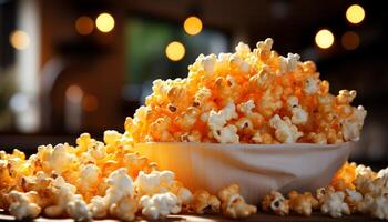 ai generato fresco Popcorn nel giallo ciotola, Perfetto film Teatro merenda generato di ai foto