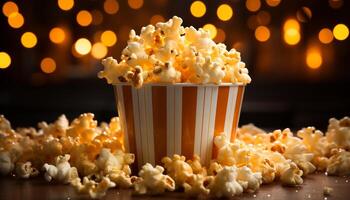 ai generato fresco Popcorn, dolce caramella, e rinfrescante bevande a il film generato di ai foto